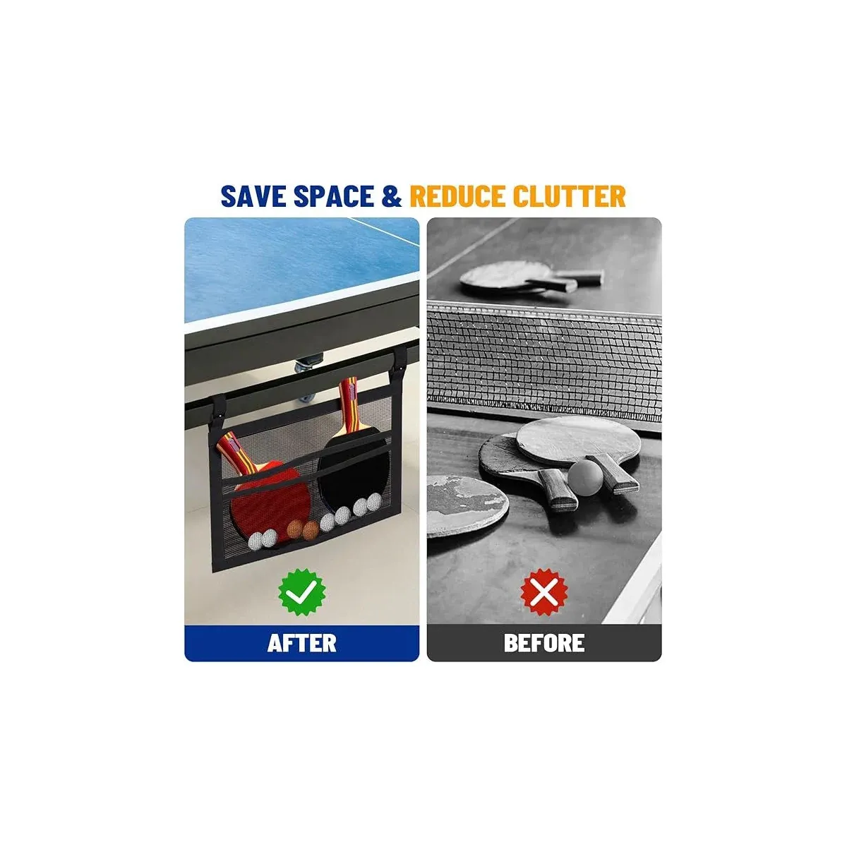 Racket holder before and after table cleanup