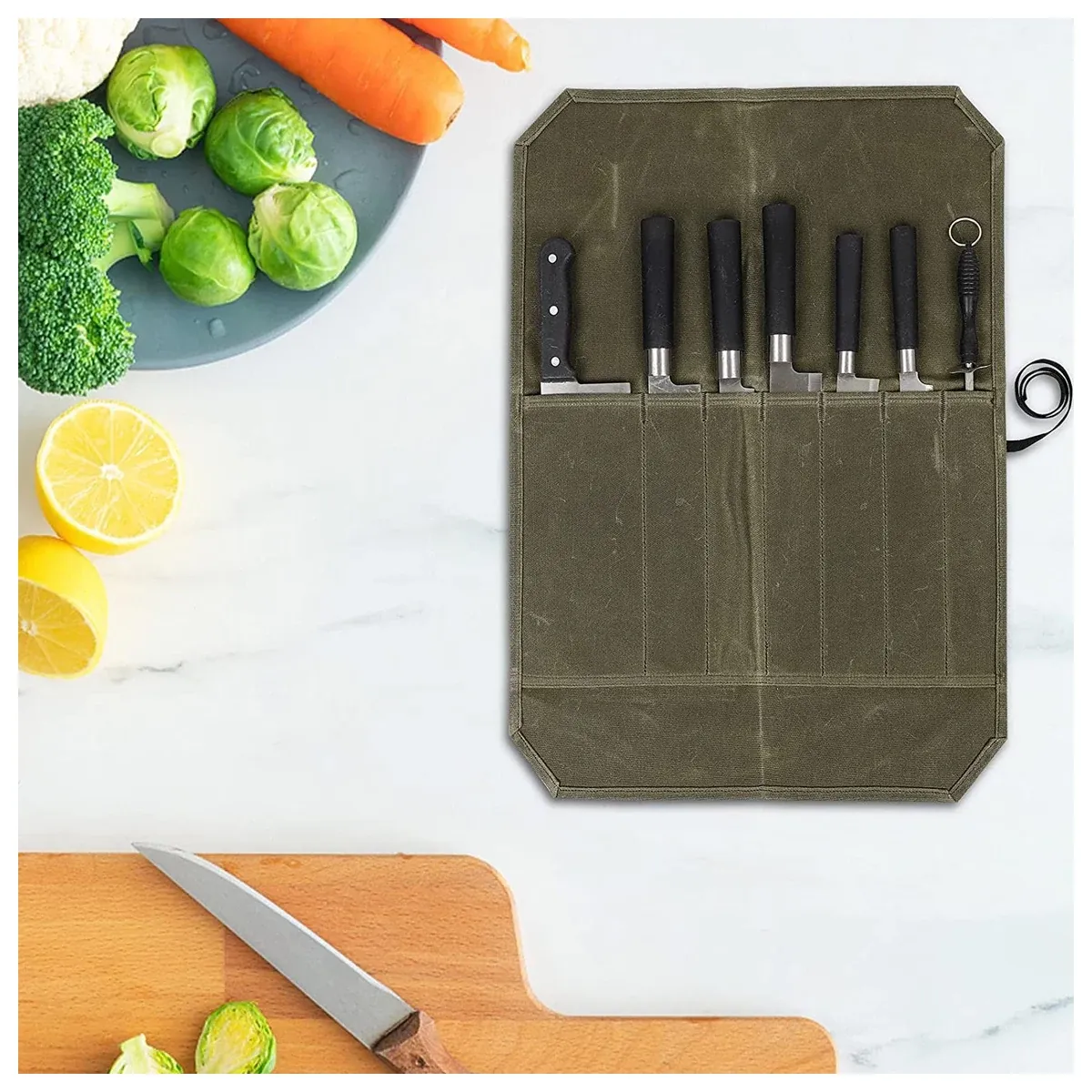 Olive waxed canvas knife wrap open with knives