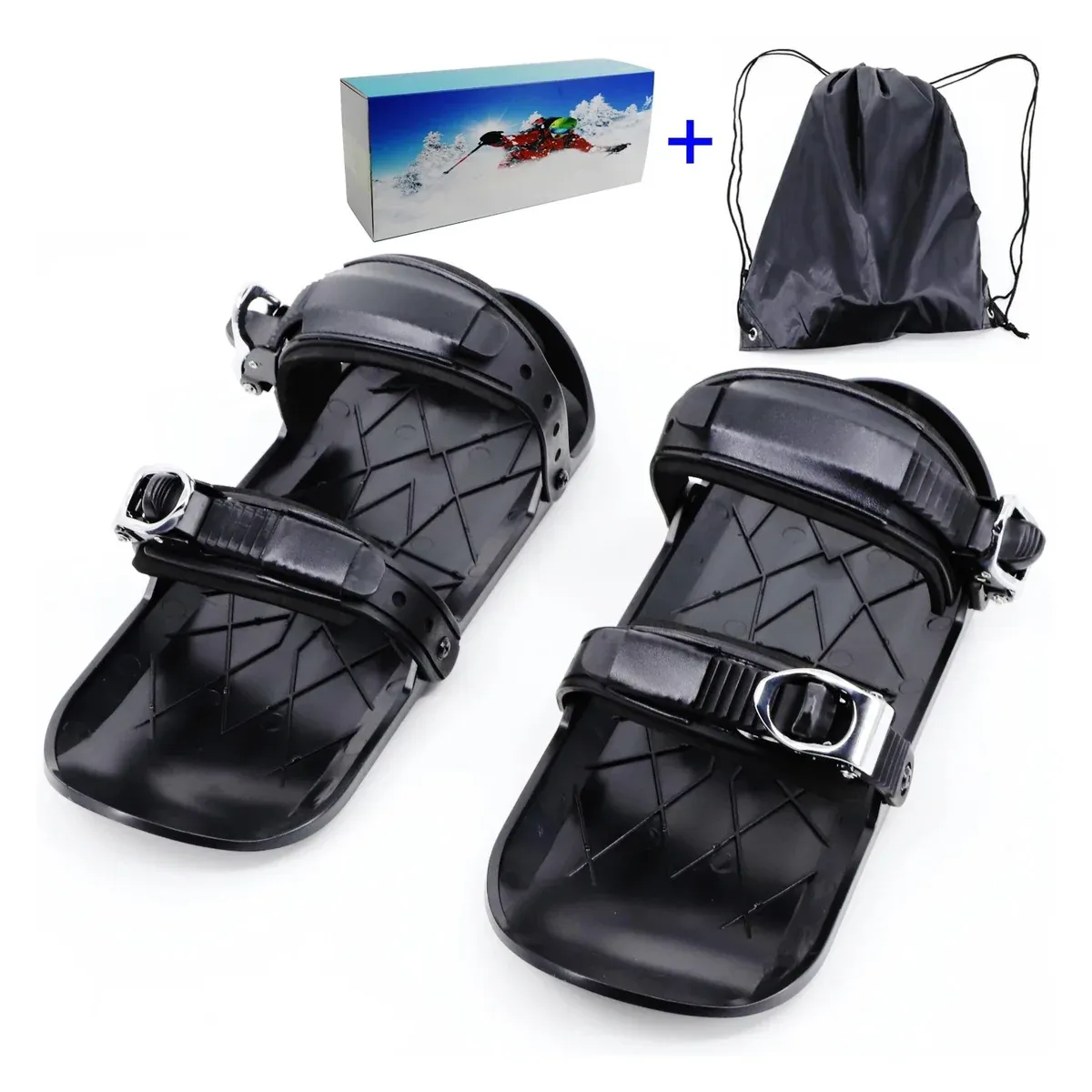 Pair of black snow skates with bindings and carry bag