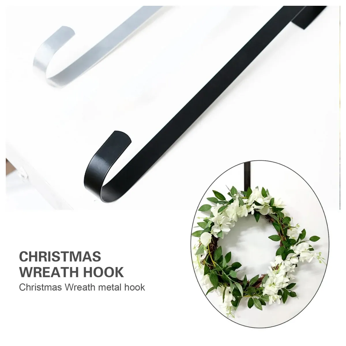 Wreath hanger holding a wreath on a door