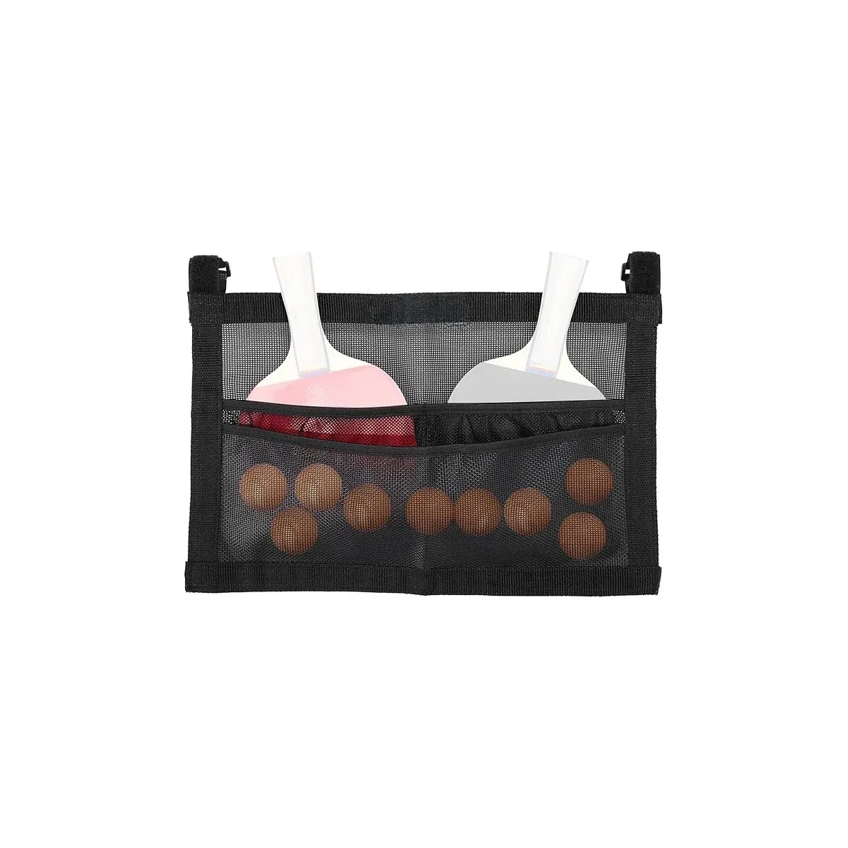 Paddles and balls in a table tennis storage net