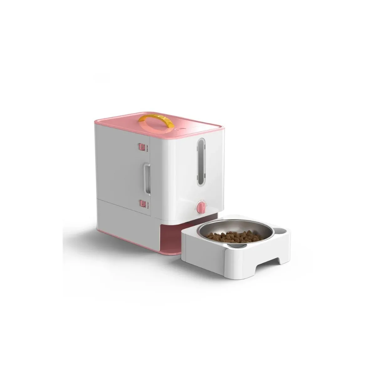 Pink pet food container with bowl
