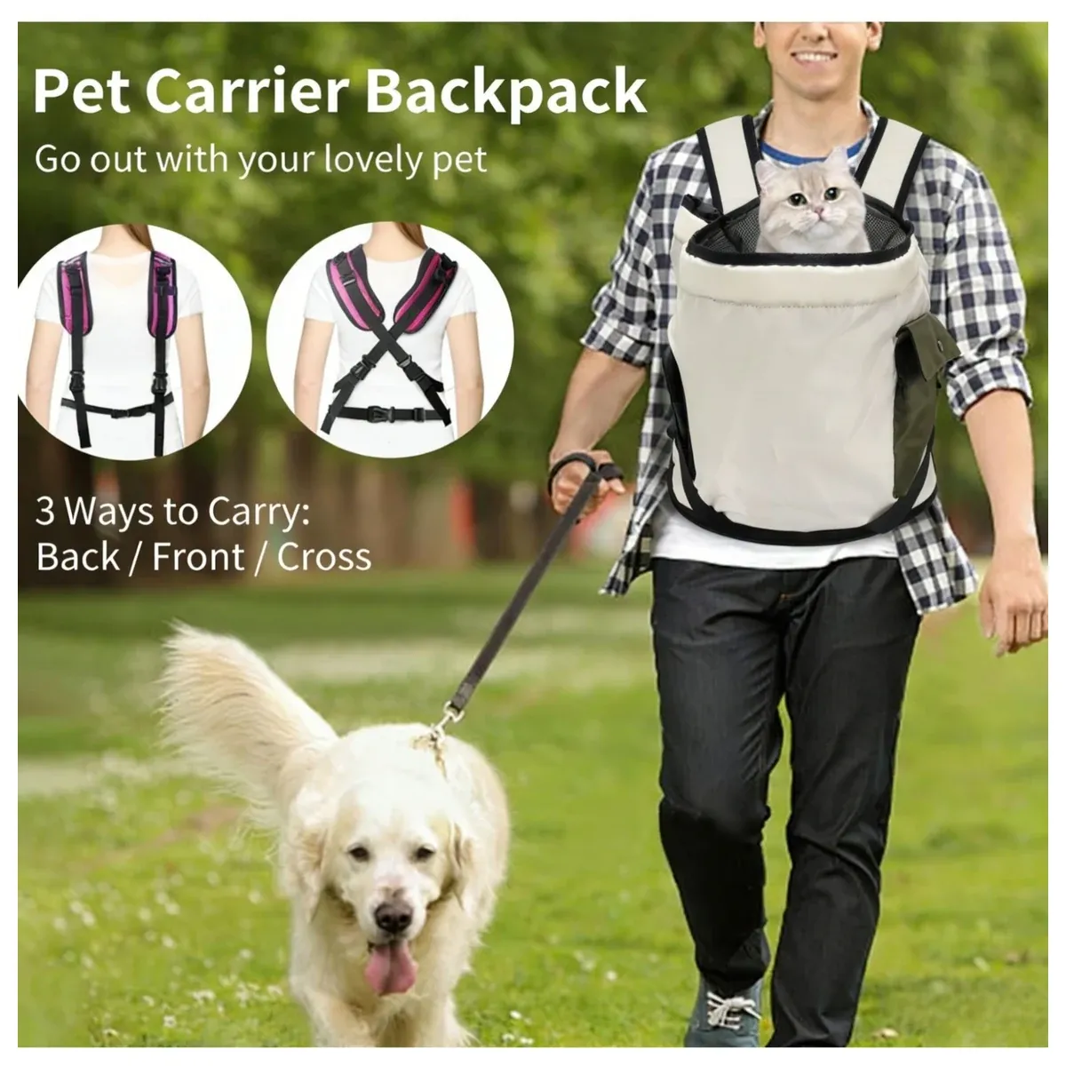 Pet carrier backpack worn on the front with a small dog