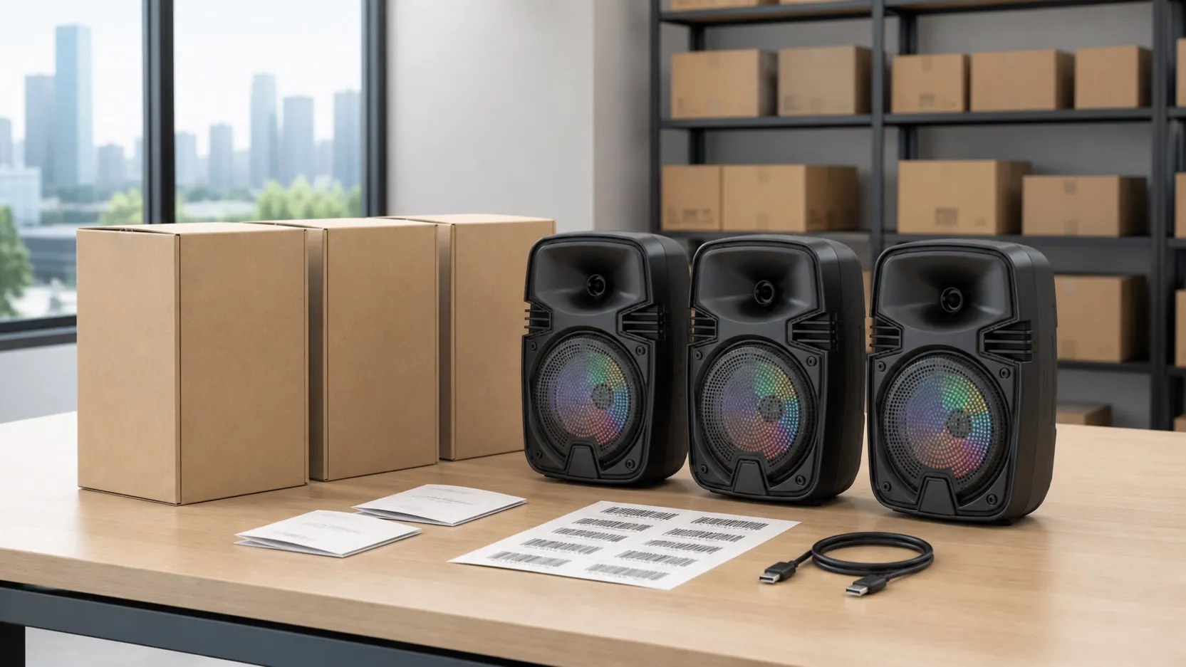 Private-label compact Bluetooth speakers with blank cartons, label sheets, and Type-C cables during packaging review