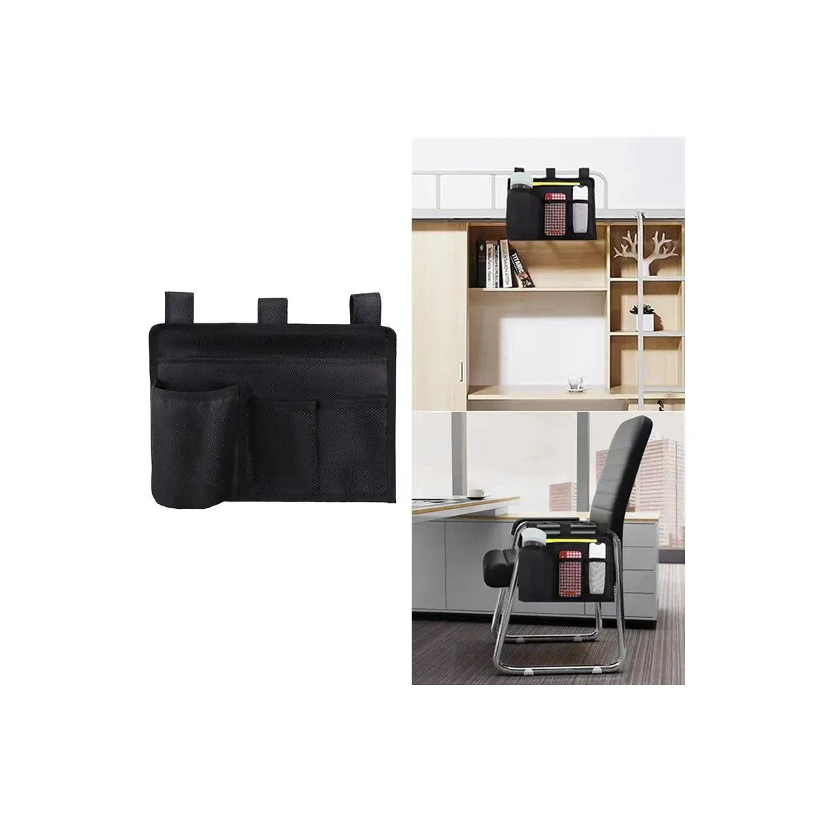 Bedside storage bag on a desk and bed frame