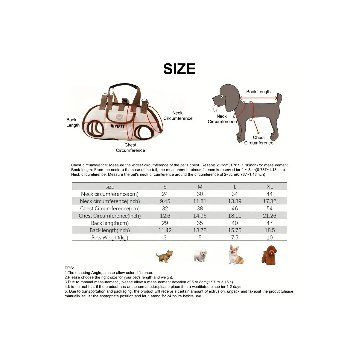 Pet sling carrier size chart