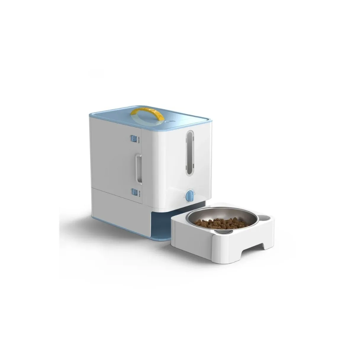 Blue pet food container with serving bowl