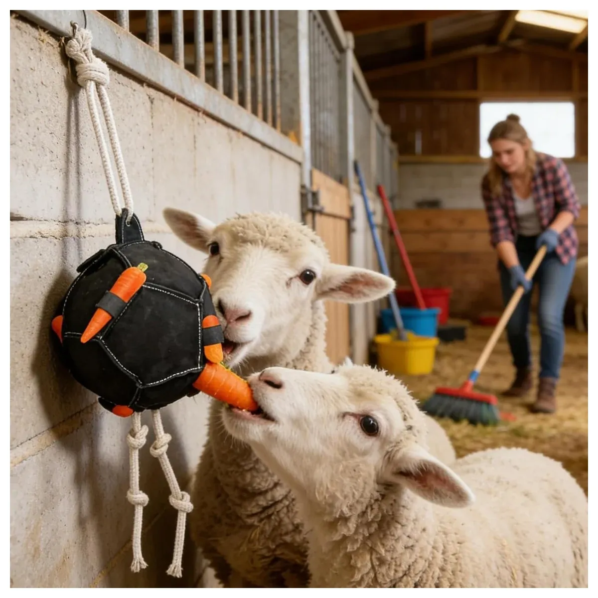 Horse and sheep with a hanging treat ball