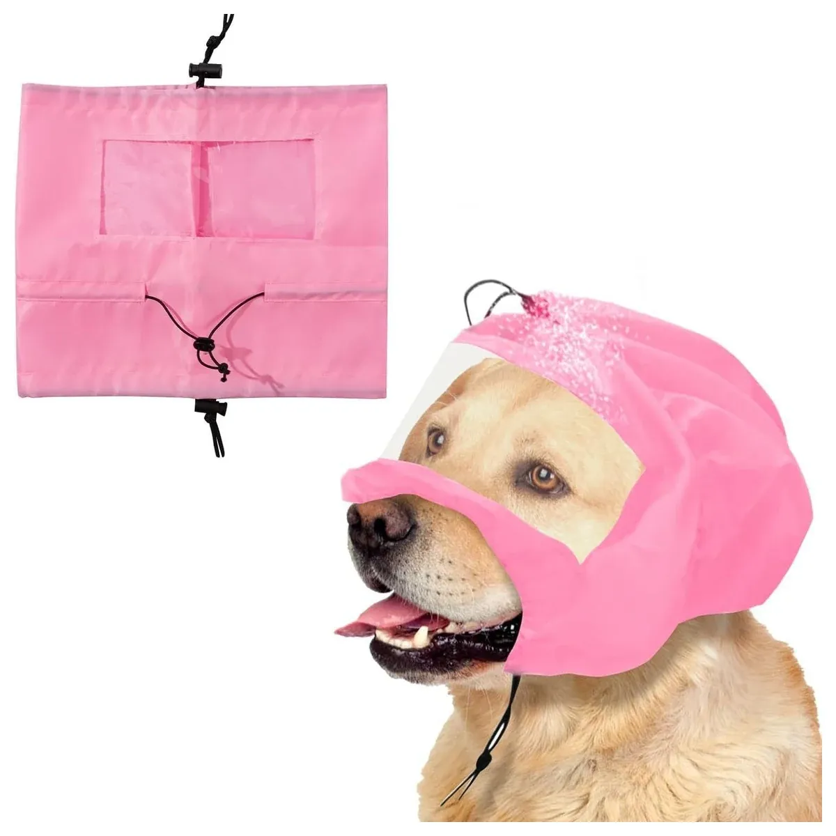 Pink dog ear bath cap on a golden retriever