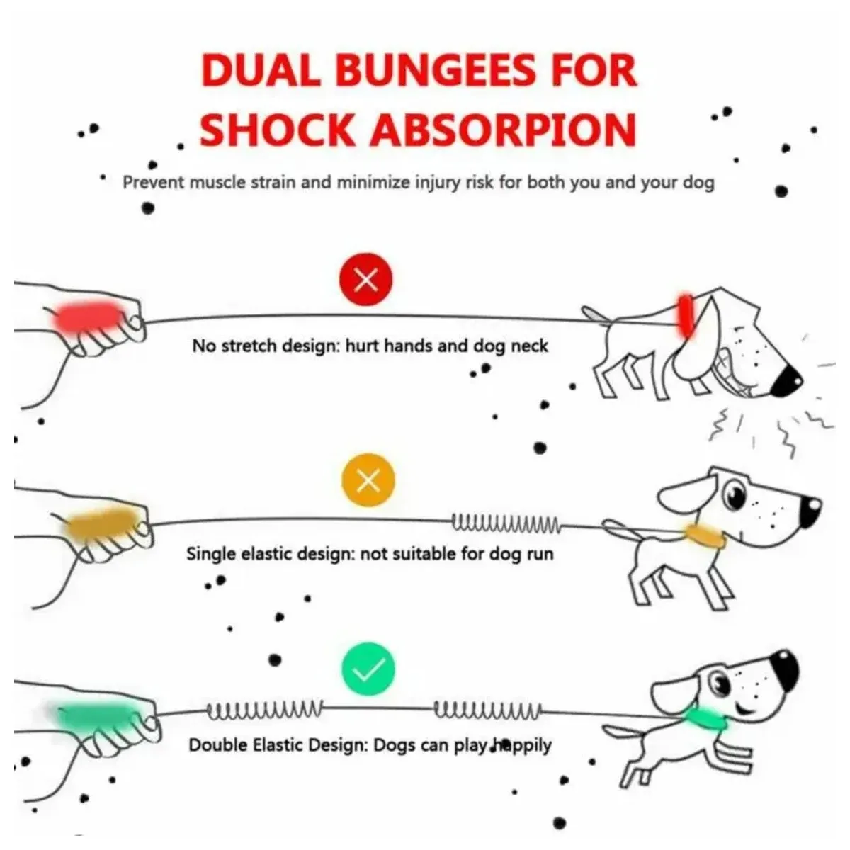 Dual bungee shock absorption diagram for a double dog leash