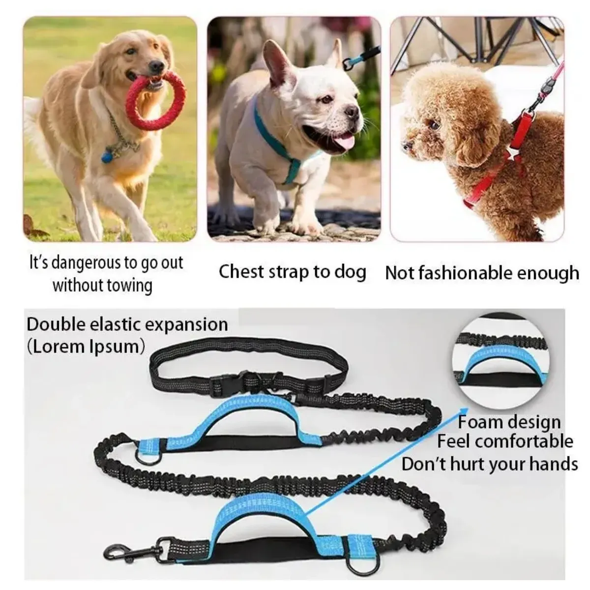Double dog leash with two bungee sections and two handles