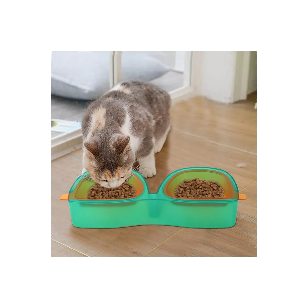 Cat eating from a sunglasses-shaped double bowl