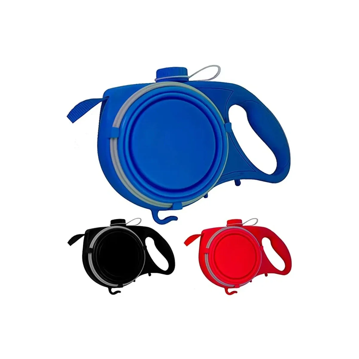 Blue dog leash with built-in water bottle