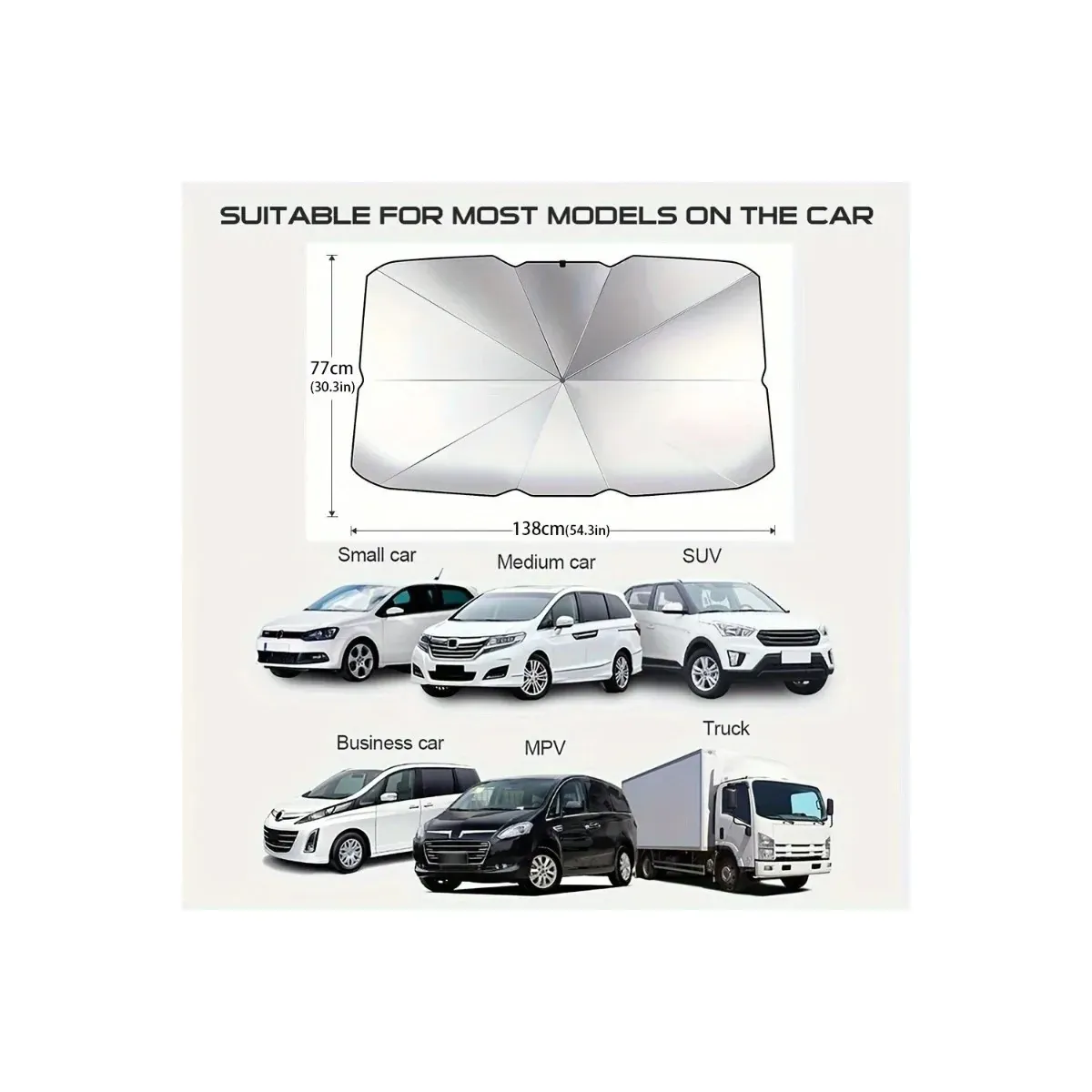 Windshield sunshade size diagram for cars and SUVs