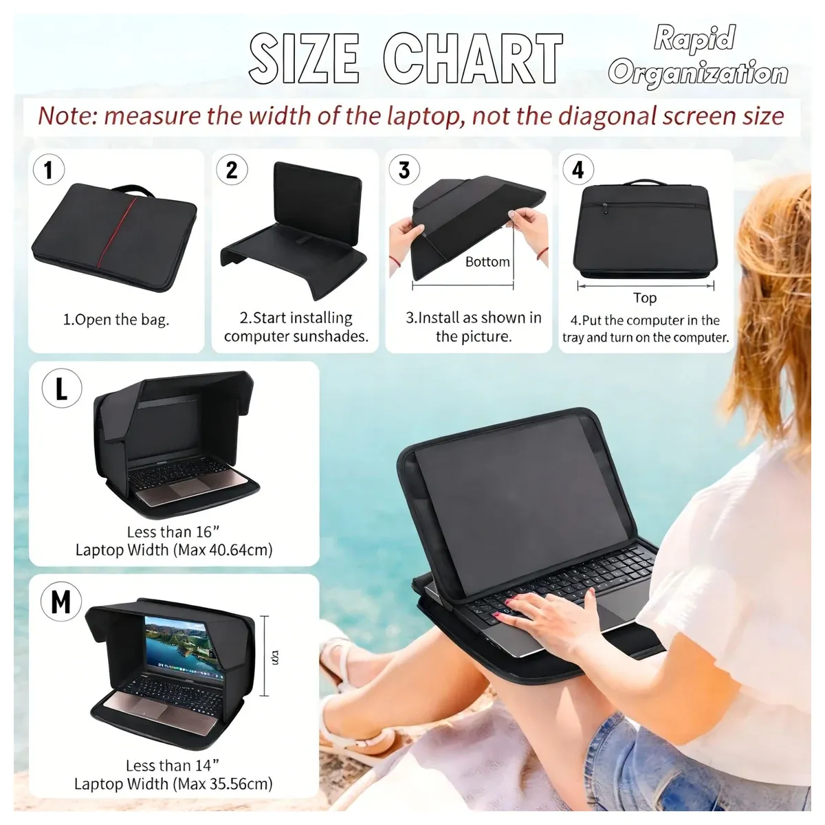 Laptop sun shade size chart for M and L