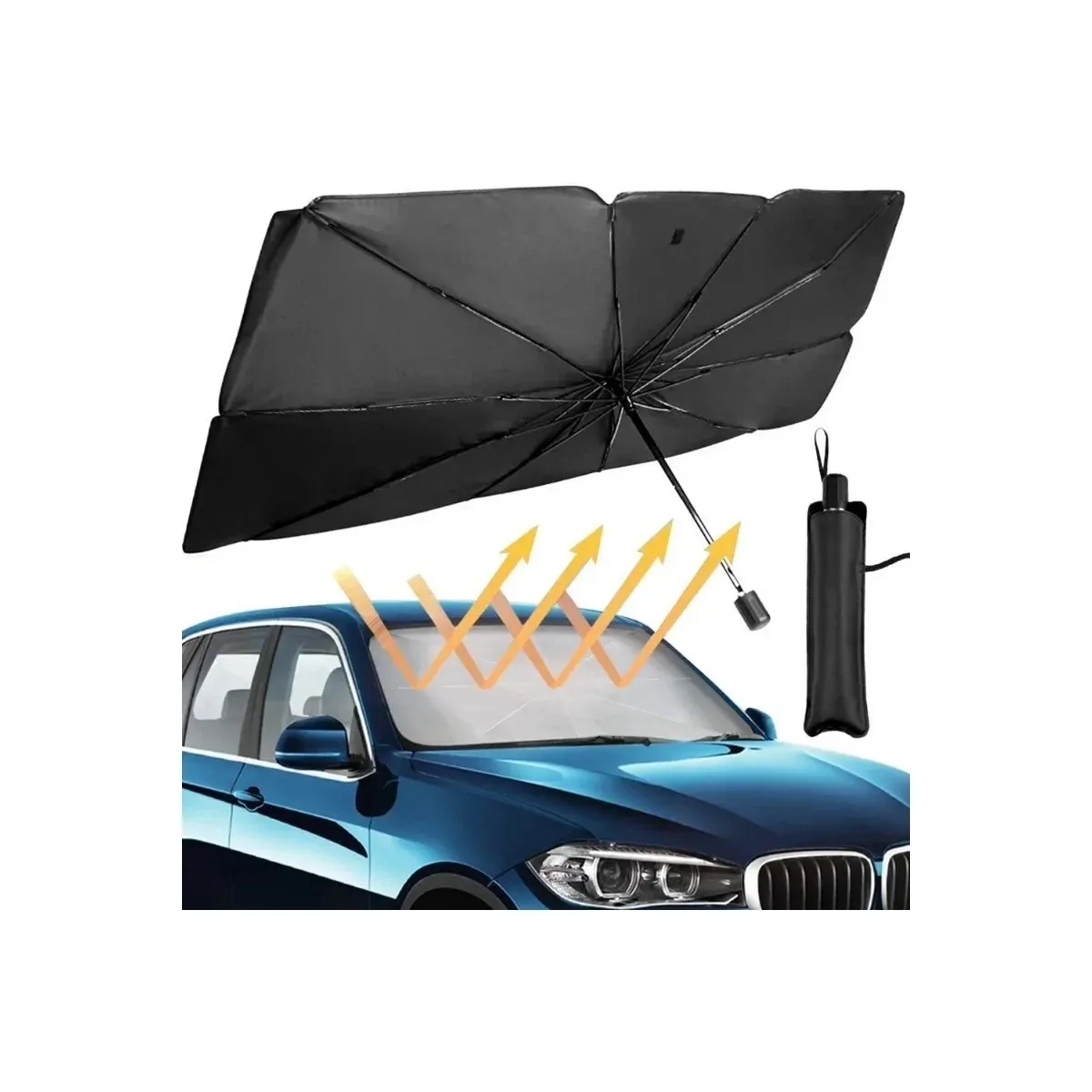 Foldable windshield sunshade umbrella with storage sleeve