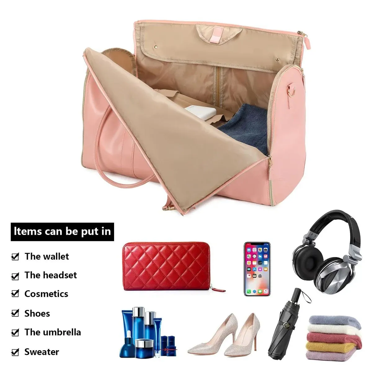 Pink foldable garment duffel worn over the shoulder