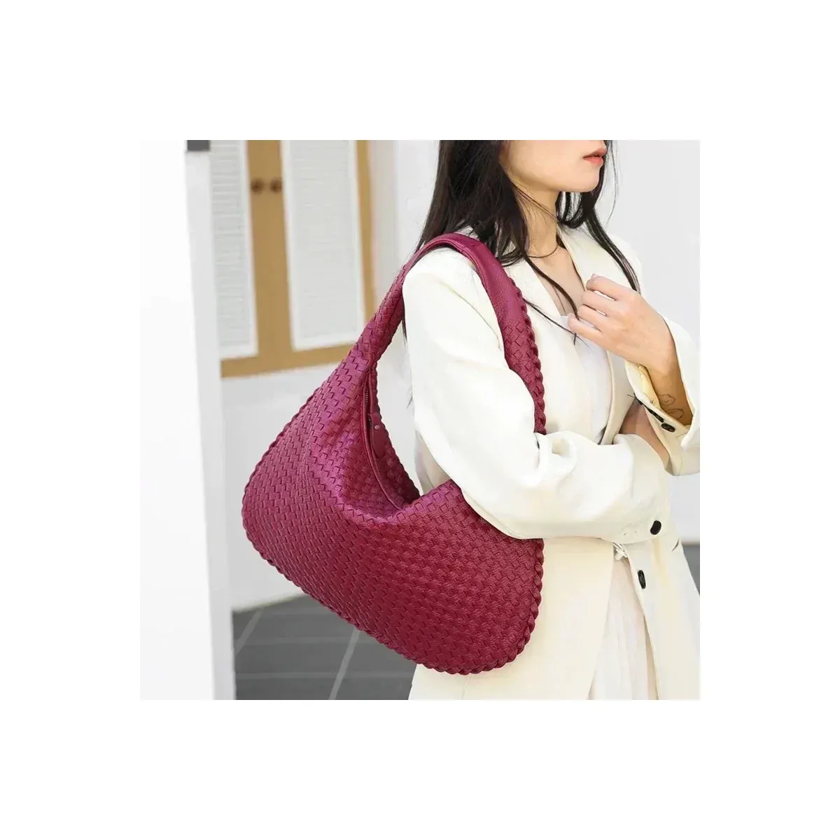 Woven Handbag — PU Shoulder Bag with Zip Top - detail-1