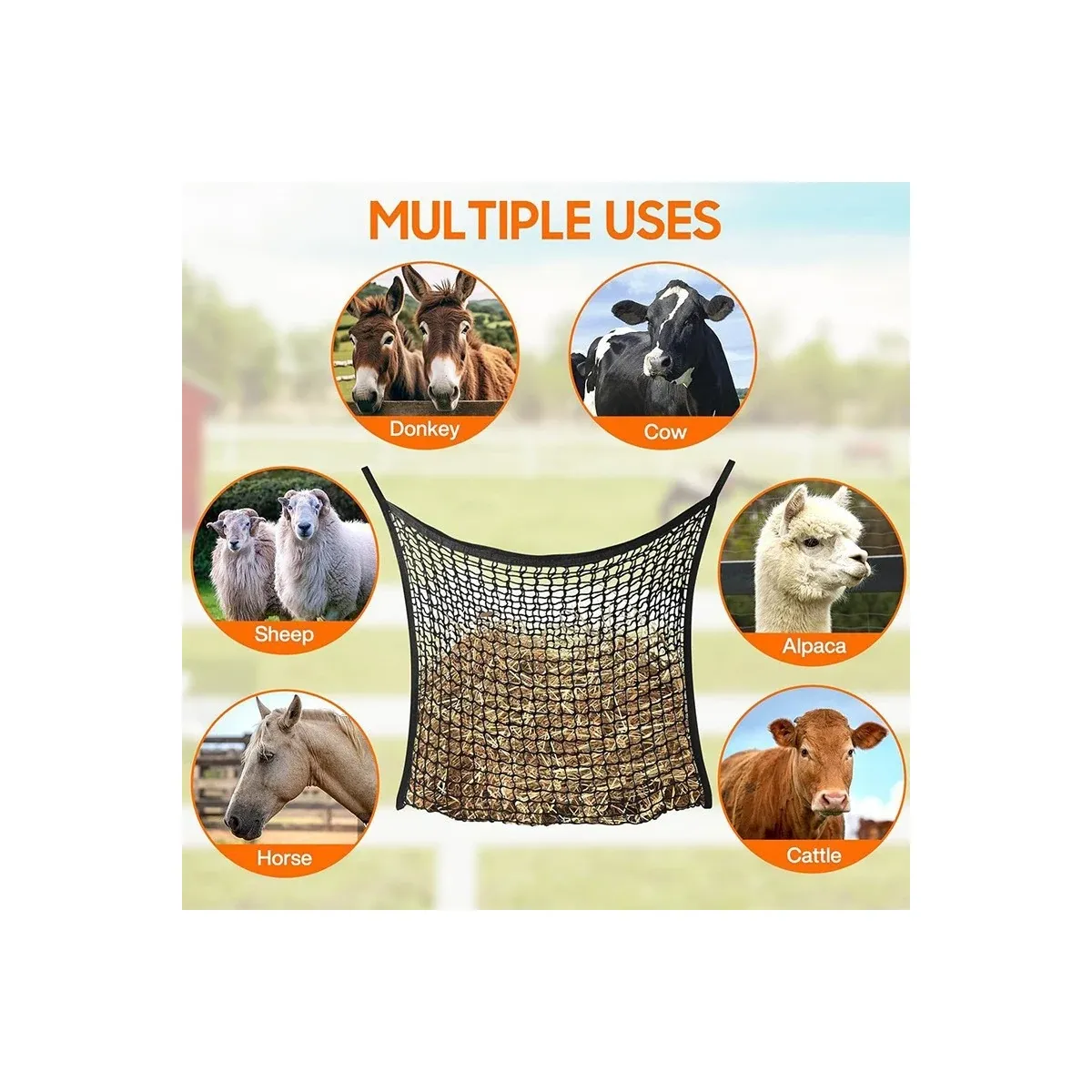 Slow-feed hay net used by horses and farm animals
