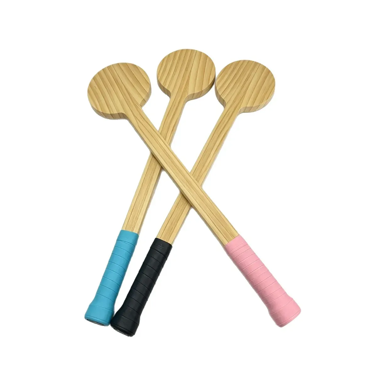 Three wooden tennis training rackets in black, blue and pink