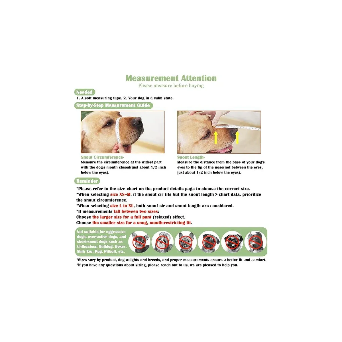 Dog mesh muzzle size chart