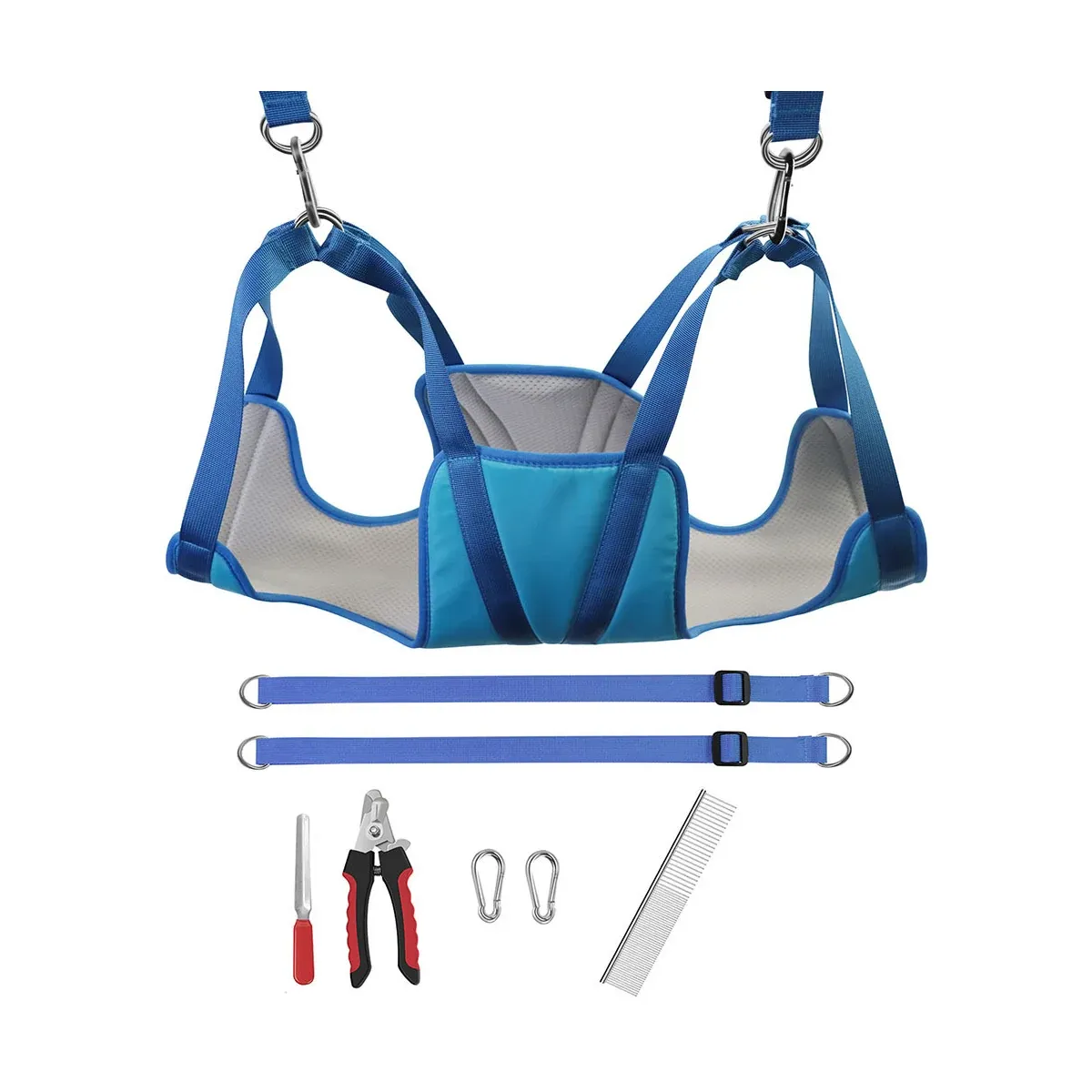 Grooming hammock with straps and hooks