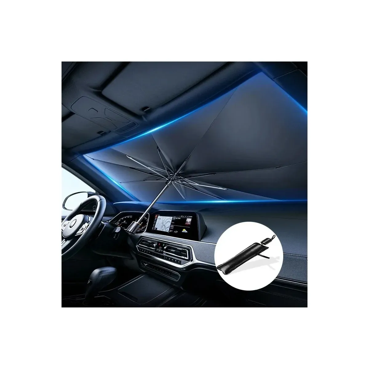 Car windshield sunshade umbrella open inside a car