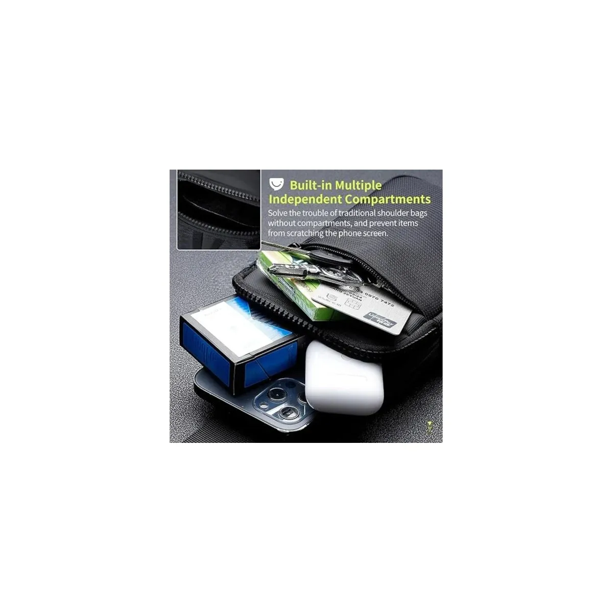Sling bag compartments with phone, wallet and passport
