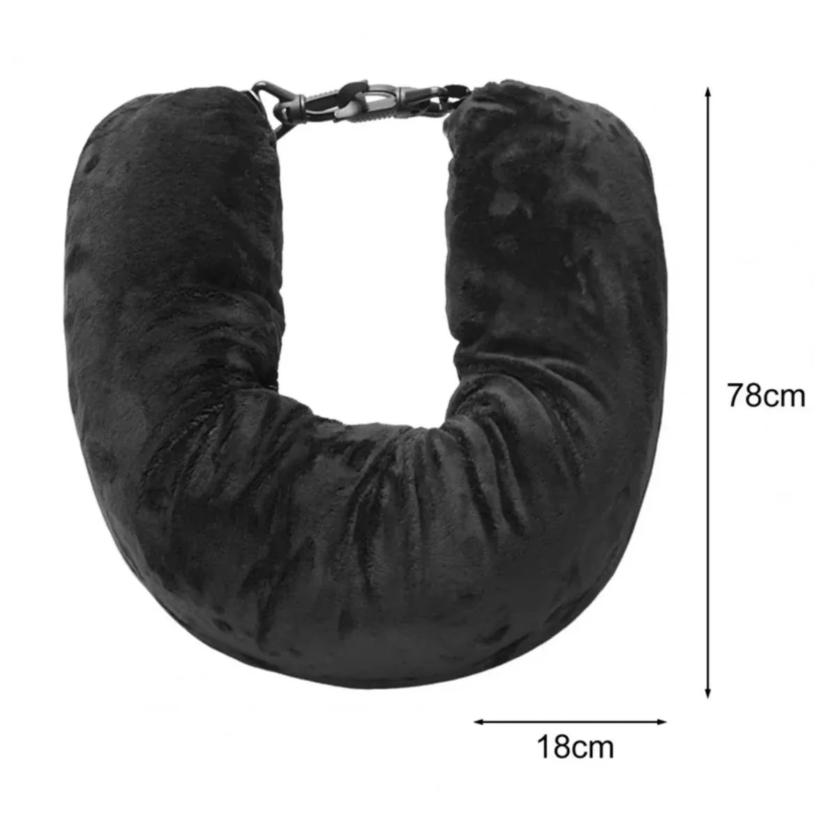 Black travel neck pillow cover measuring 78 by 18 cm
