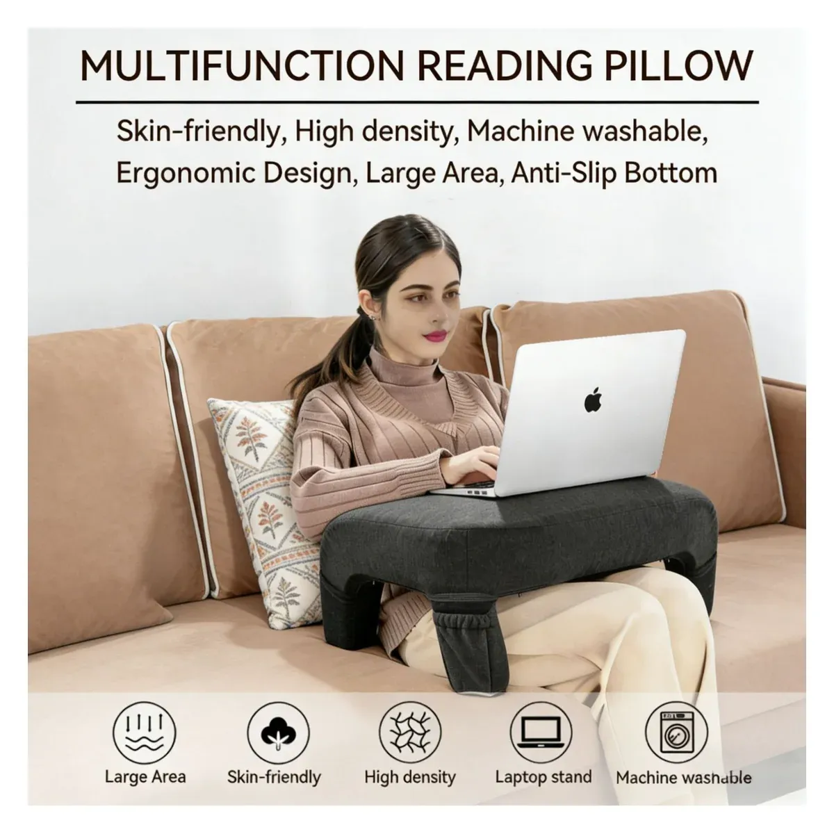 Ergonomic reading pillow in use with a laptop