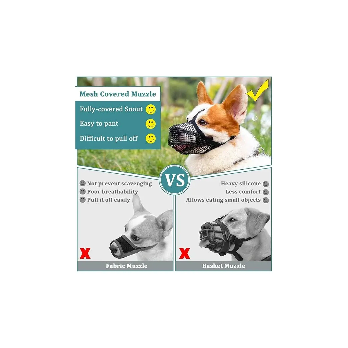 Mesh muzzle compared with fabric and basket muzzles