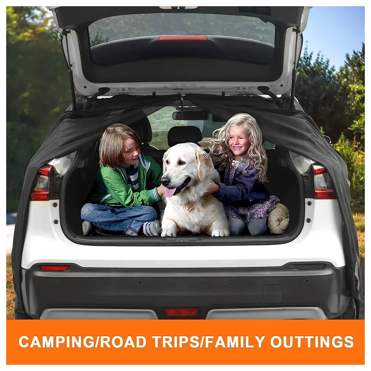Family and dog behind a car tailgate mesh screen
