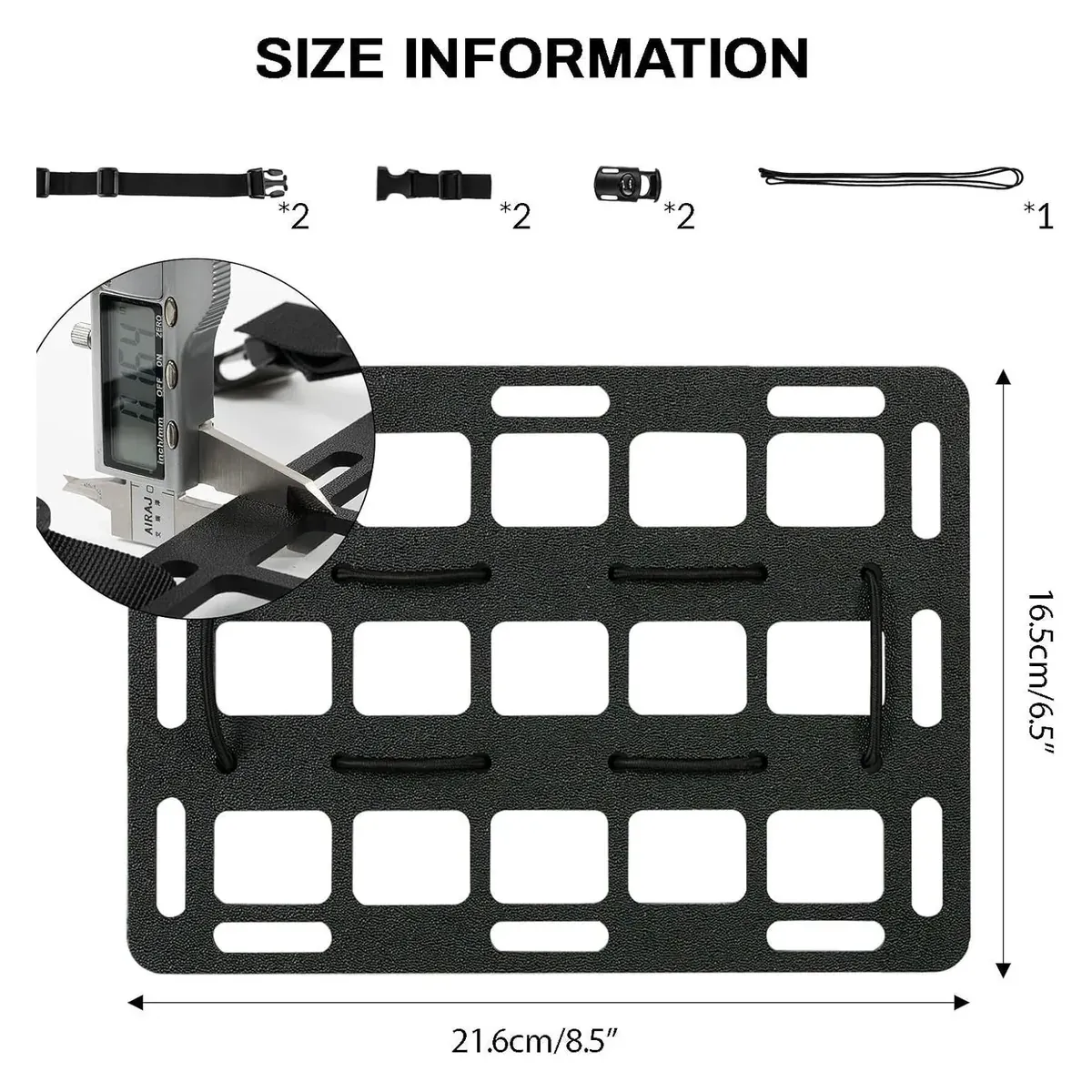 MOLLE panel dimensions, 21.6 by 16.5 cm