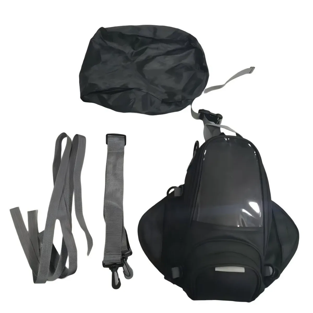 Motorcycle tank bag with clear top panel and rain cover