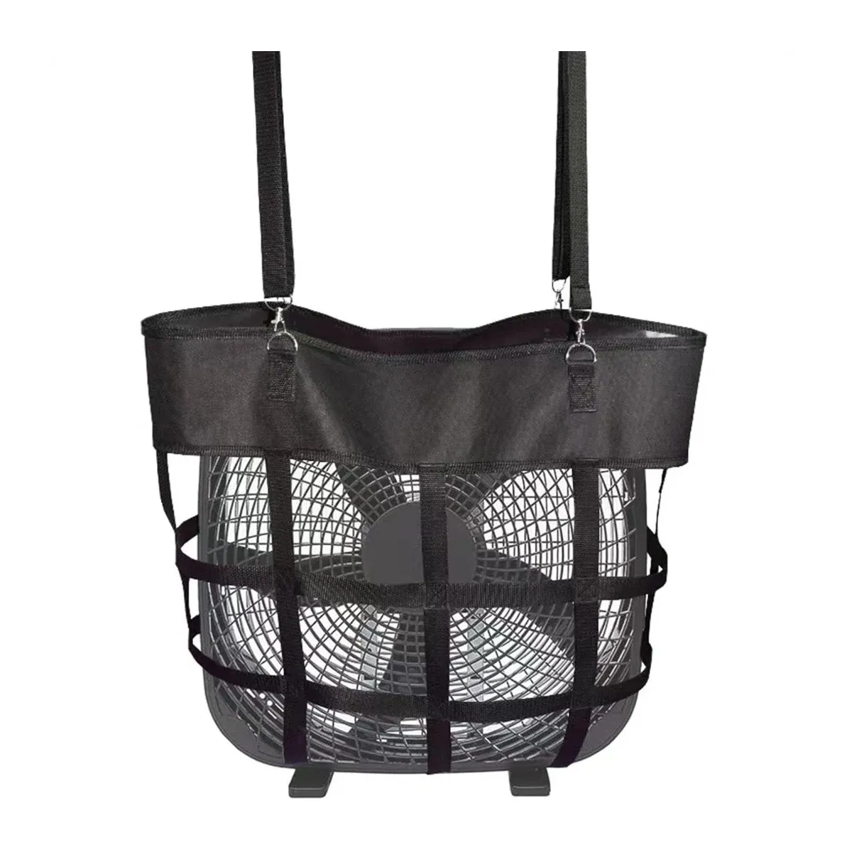 Box fan inside a hanging mesh bag