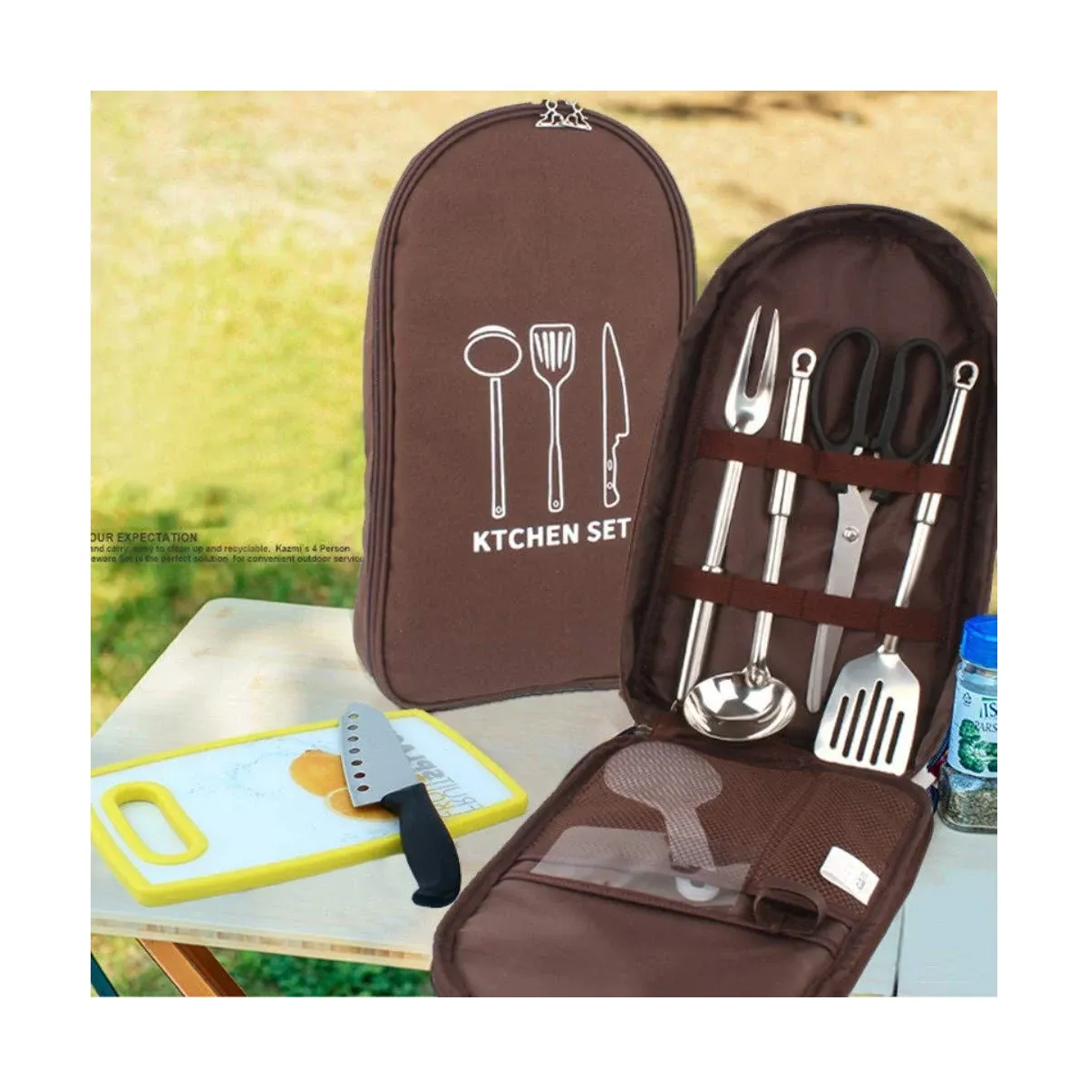 Brown camp kitchen utensil case open with tools