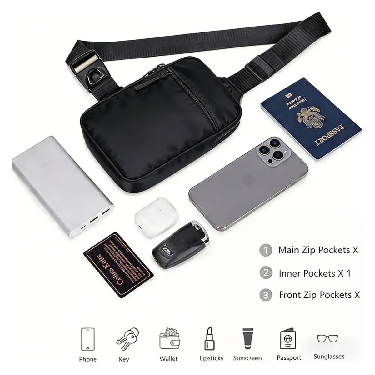 Chest bag compartments with phone and passport
