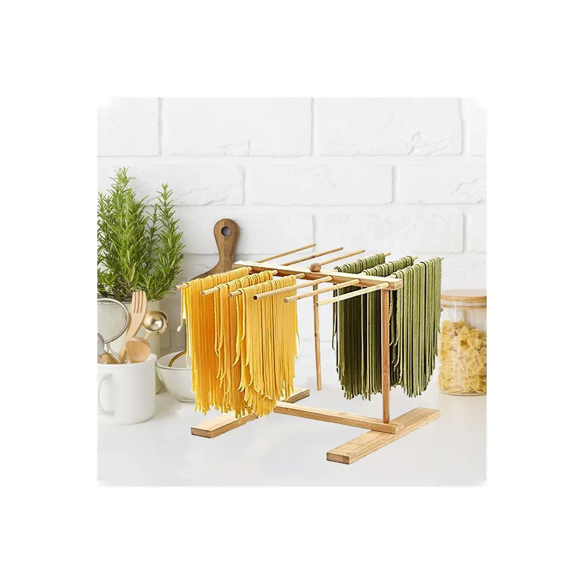 Wooden pasta drying rack on a kitchen counter