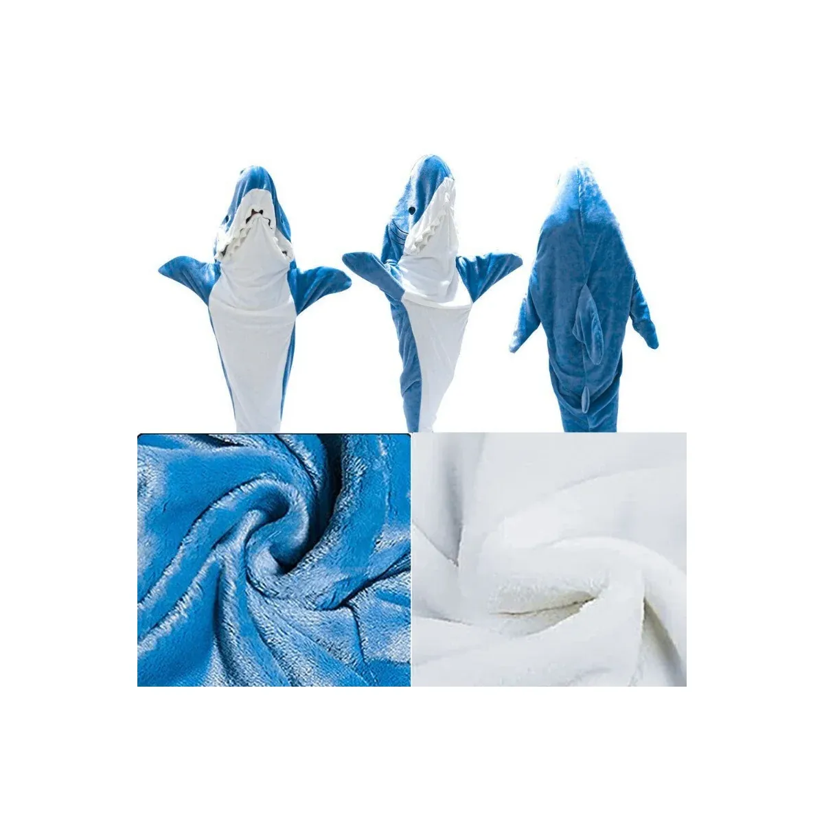 Wearable shark blanket three views and fleece closeup