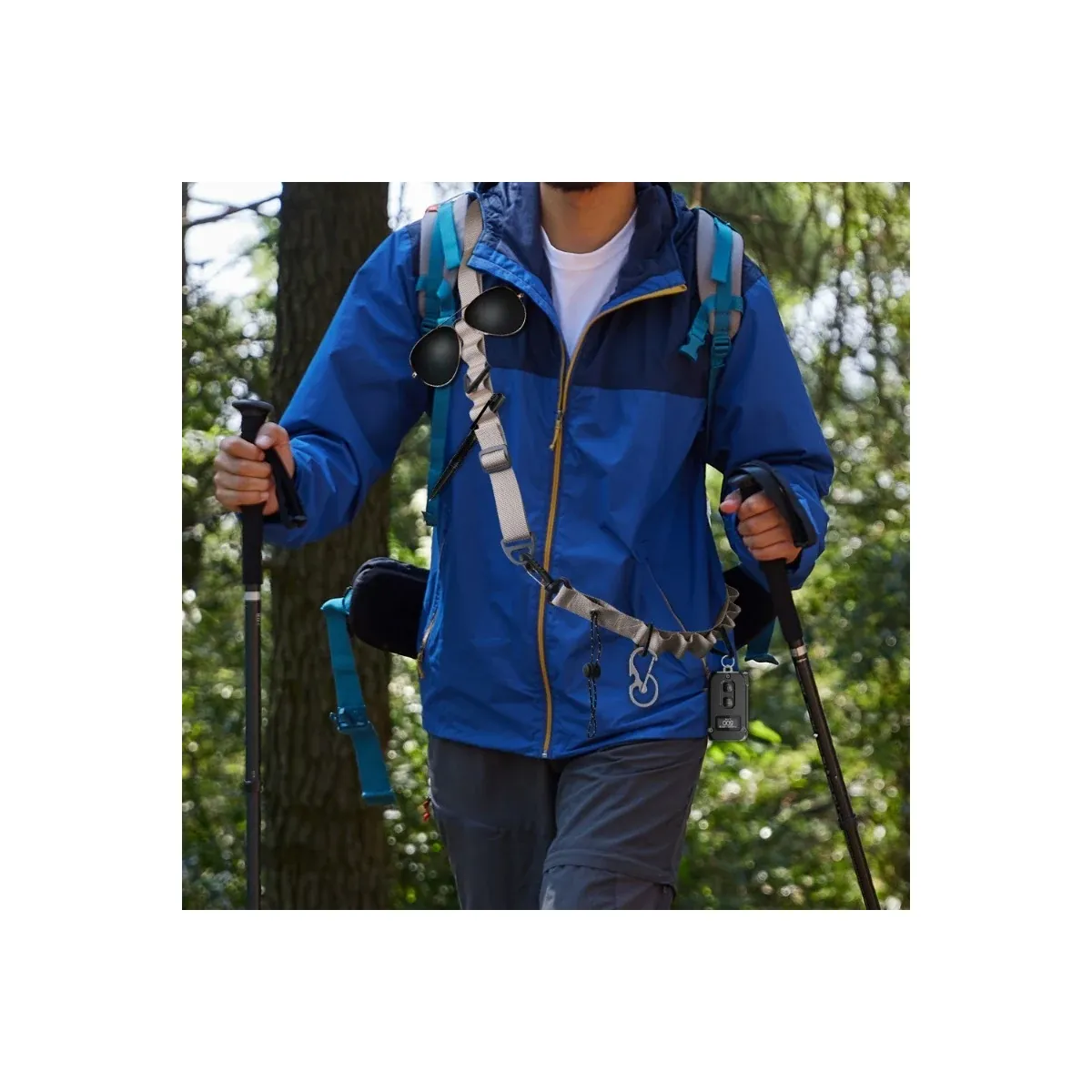 Khaki elastic utility lanyard worn across the body