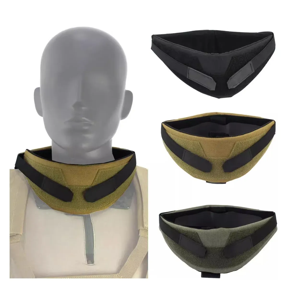 Tactical neck pad on a mannequin with three colors