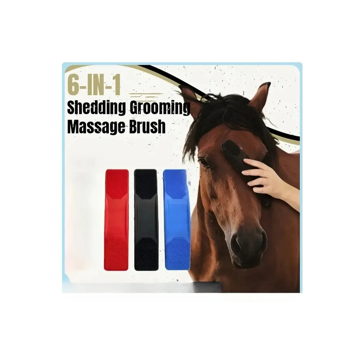 Six-in-one horse grooming brush in three colors