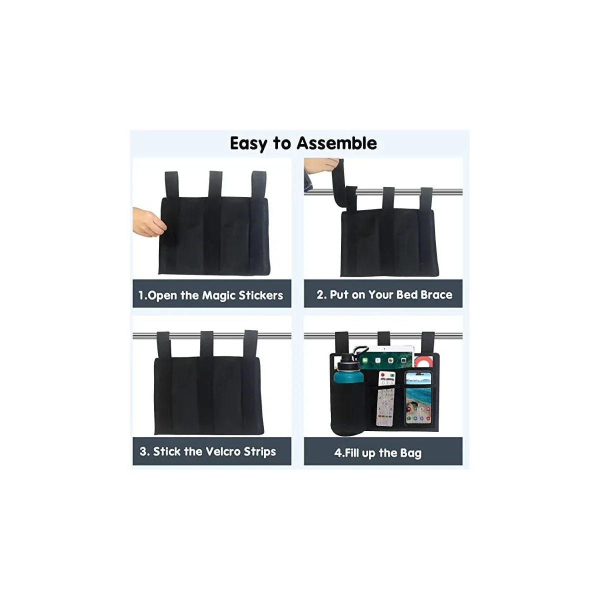 Bedside storage bag strap assembly