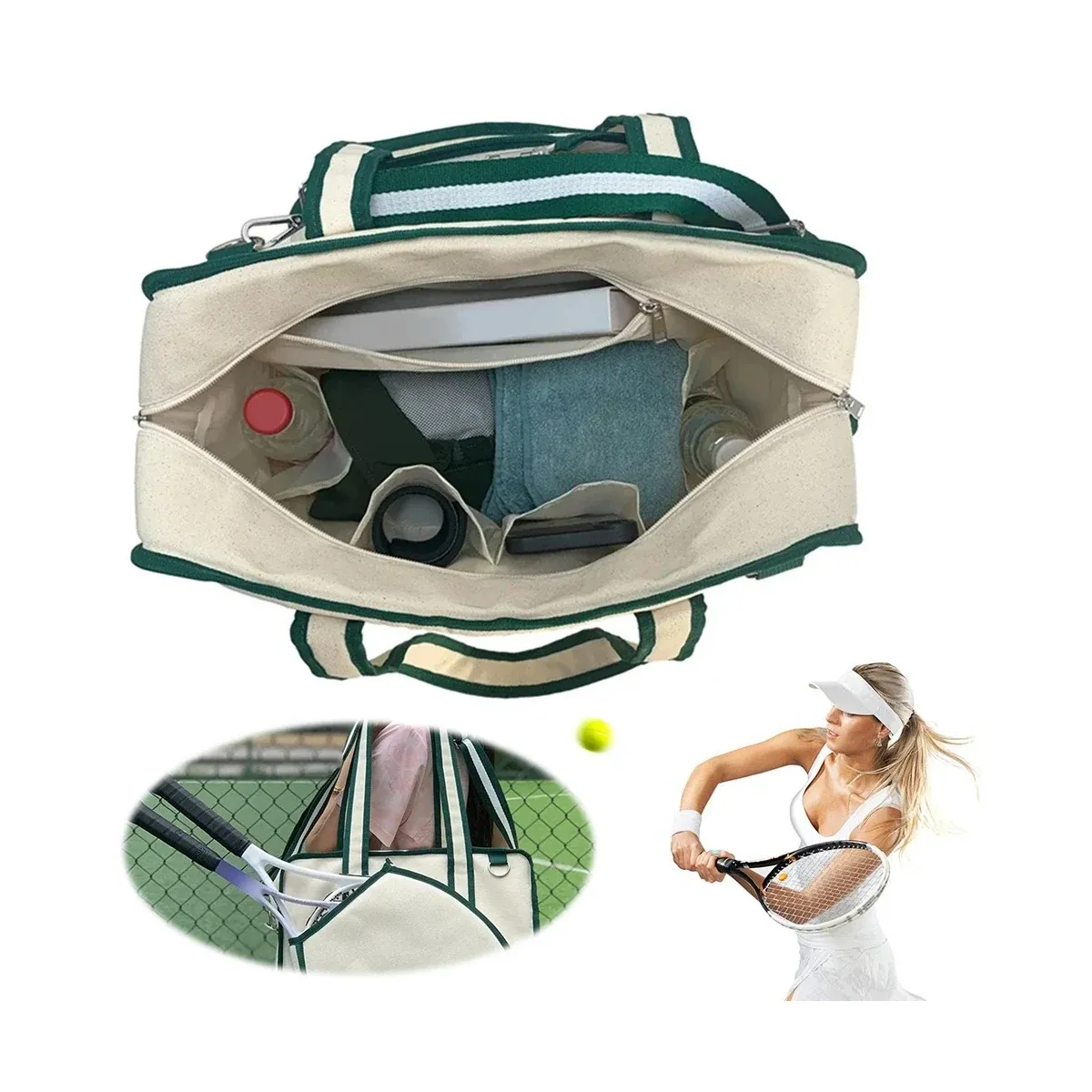 Tennis tote open with gear inside