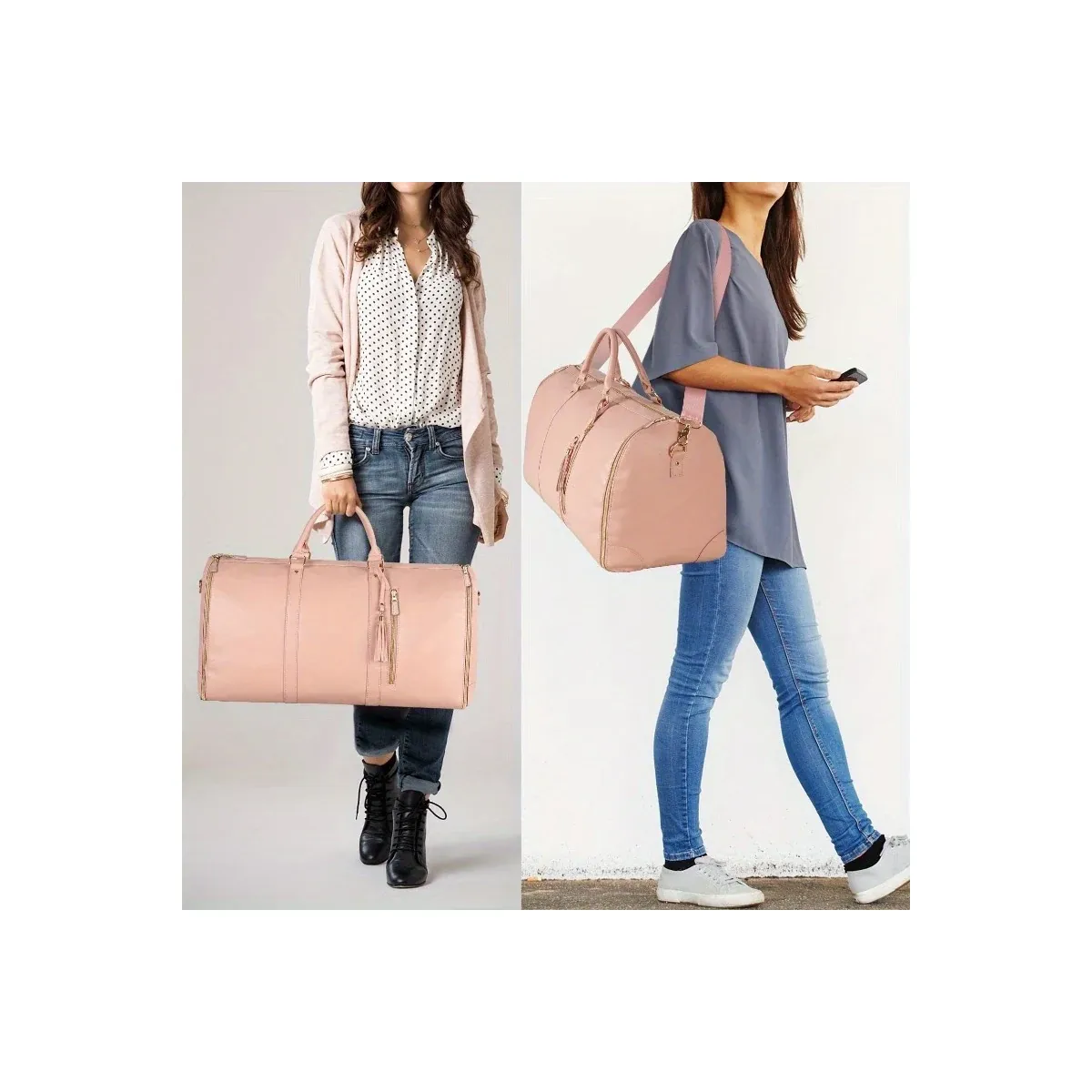 Pink garment duffel with shoulder strap