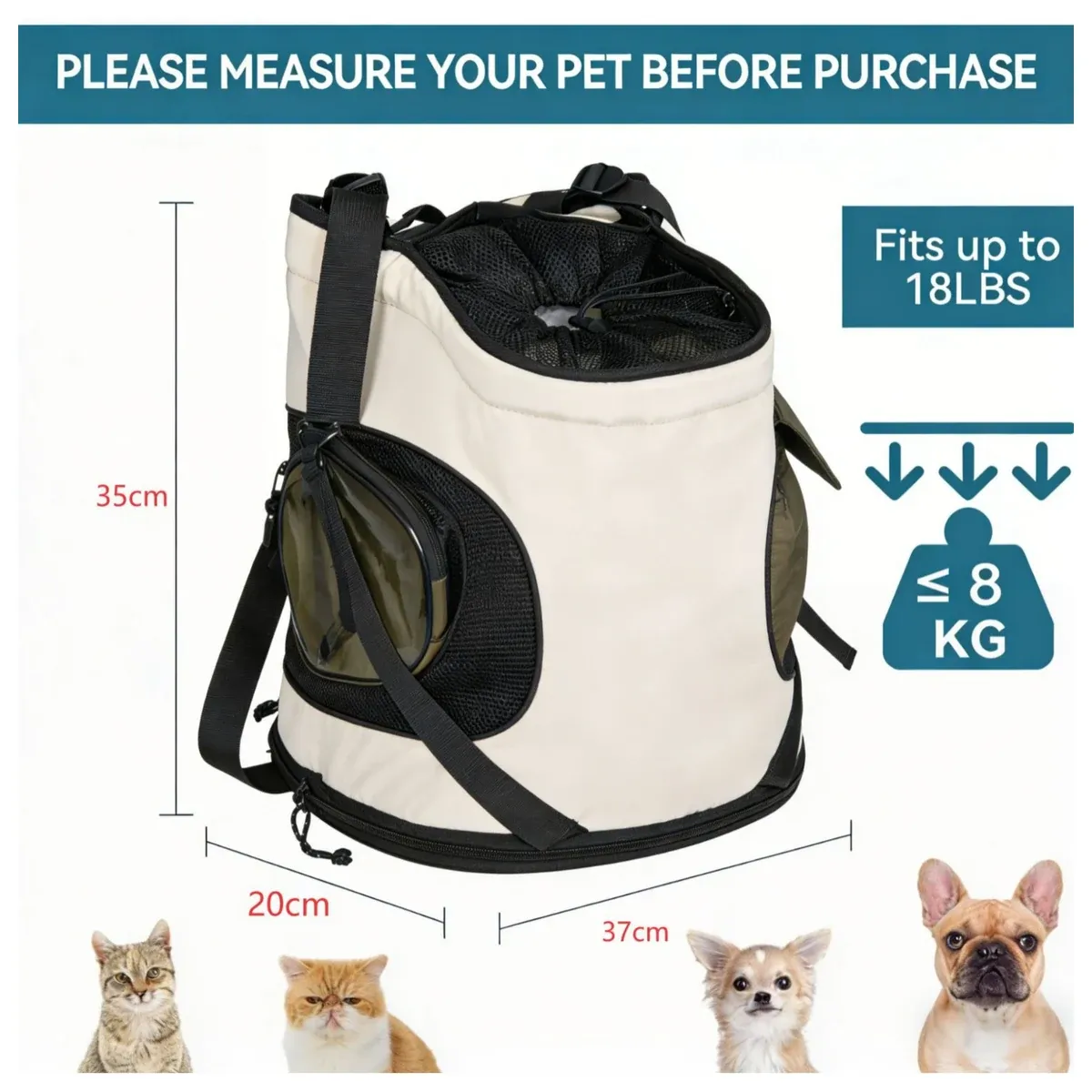 Pet carrier backpack with drawstring opening and mesh panels