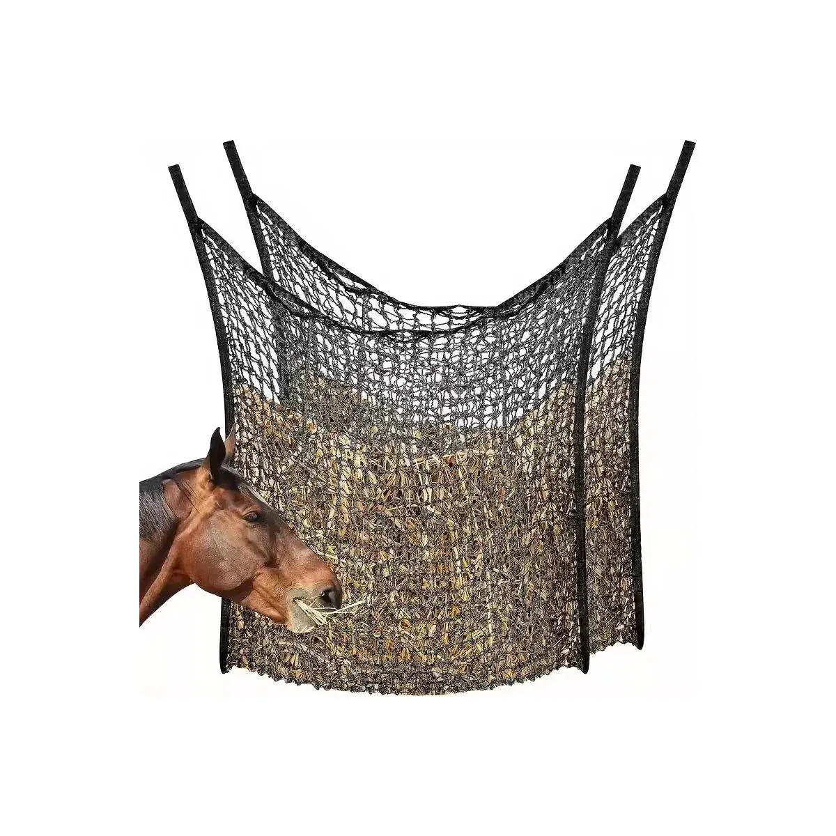 Black slow-feed hay net hanging for a horse
