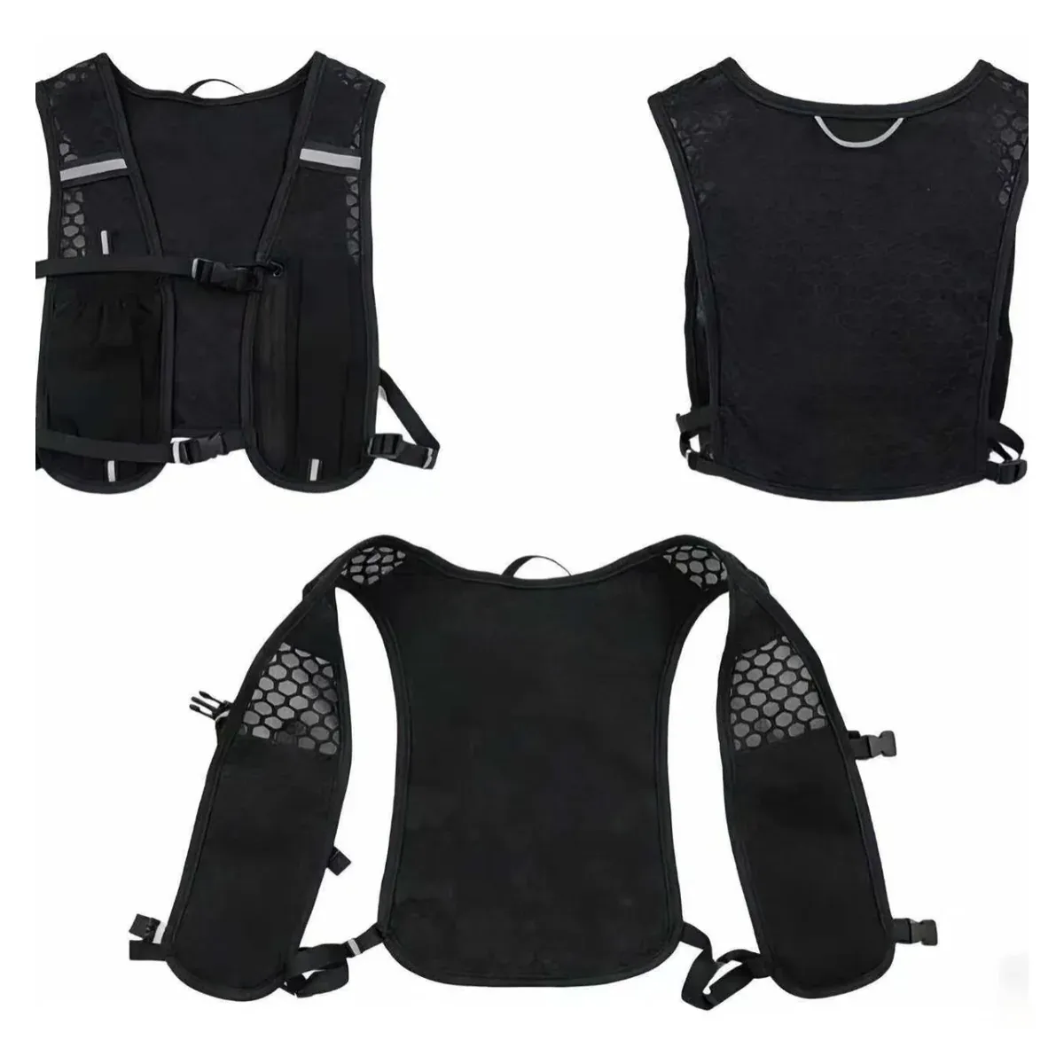 Trail hydration vest with front bottle pockets and reflective strips