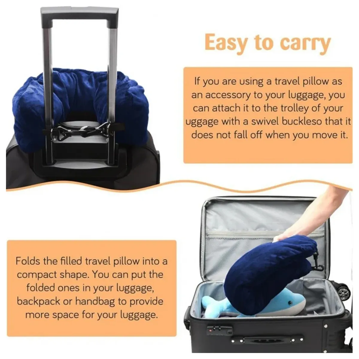 Stuffable travel pillow filled with clothes and attached to a suitcase