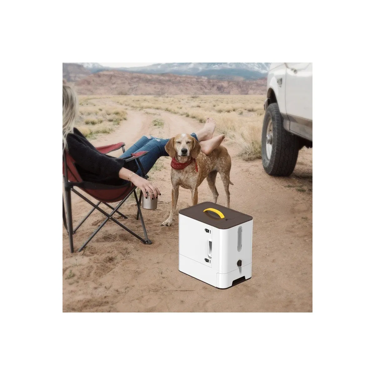 Pet food container outdoors on a trip
